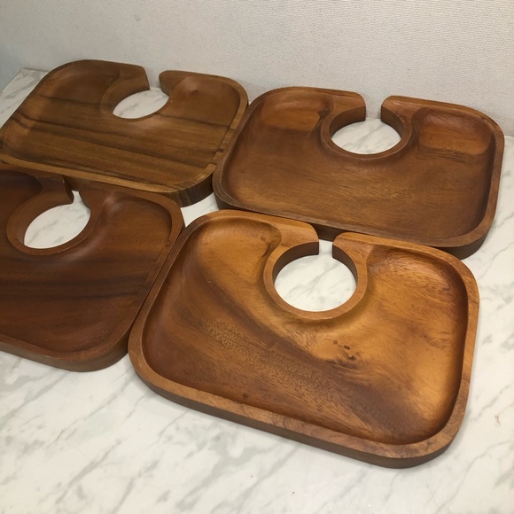 Set of 4 Teak Wood WINE & DINE PLATTERS TRAY - Picture 4 of 9